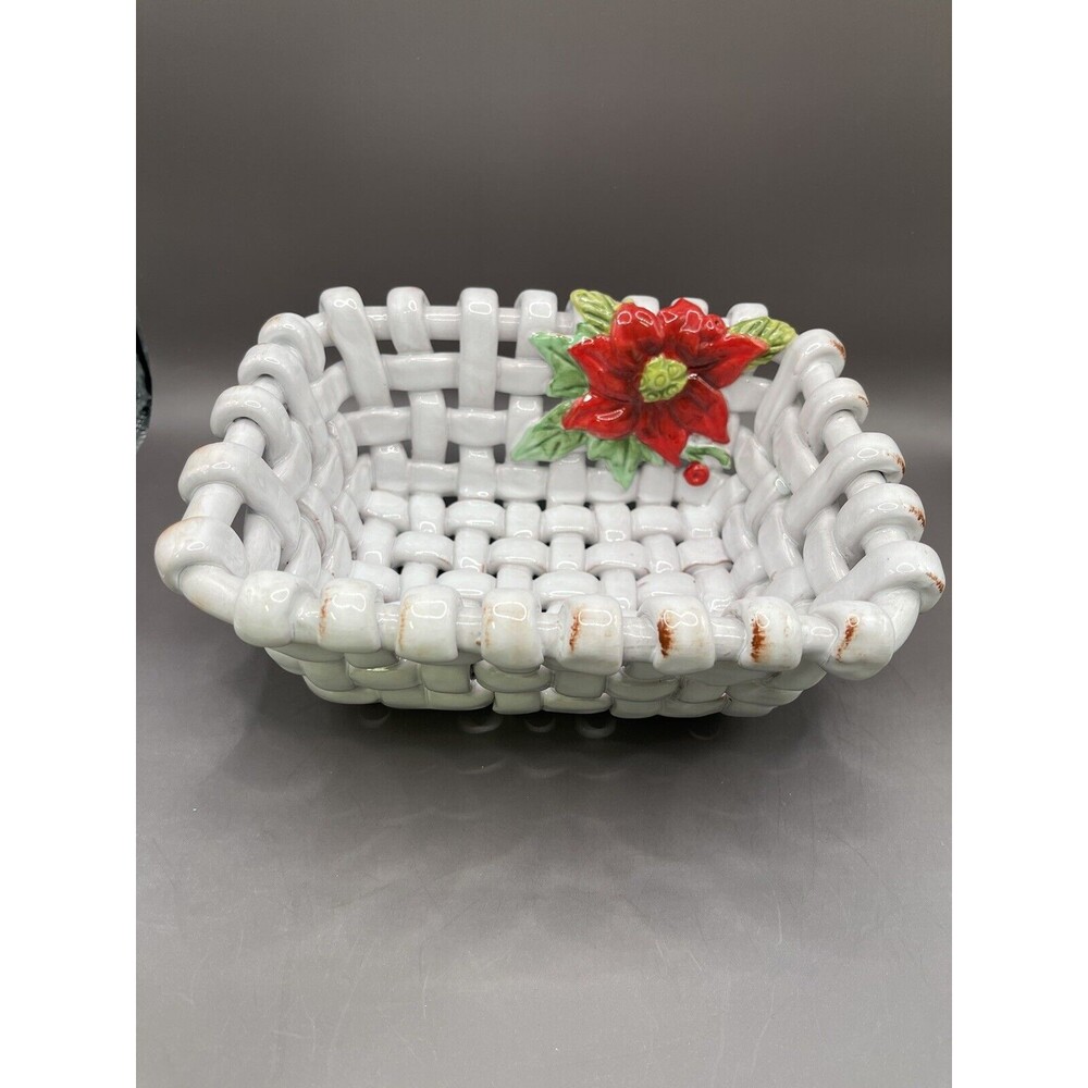 Handwoven Terra Cotta Poinsettia Accented Handpainted and Glazed Holiday Basket